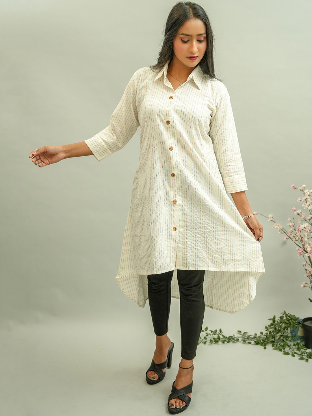 

GO BOUJEE Striped Shirt Collar High-Low Cotton Kurta, White