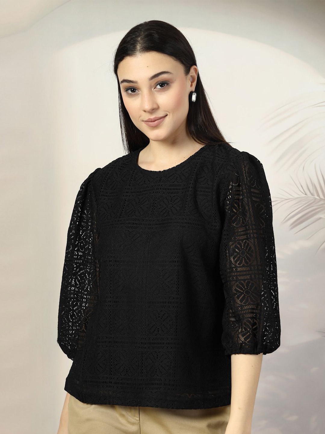 

plusS Women Self Design Crochet Round Neck Cotton Top, Black