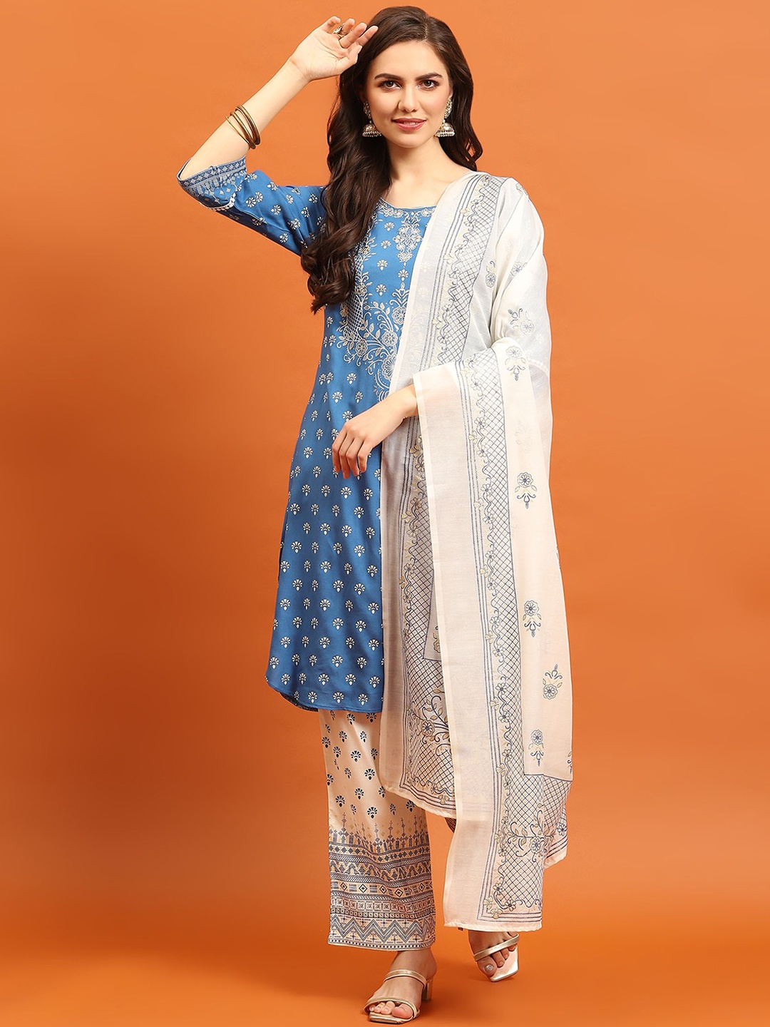 

Shree Floral Printed Sequinned Straight Kurta with Trousers & Dupatta, Blue