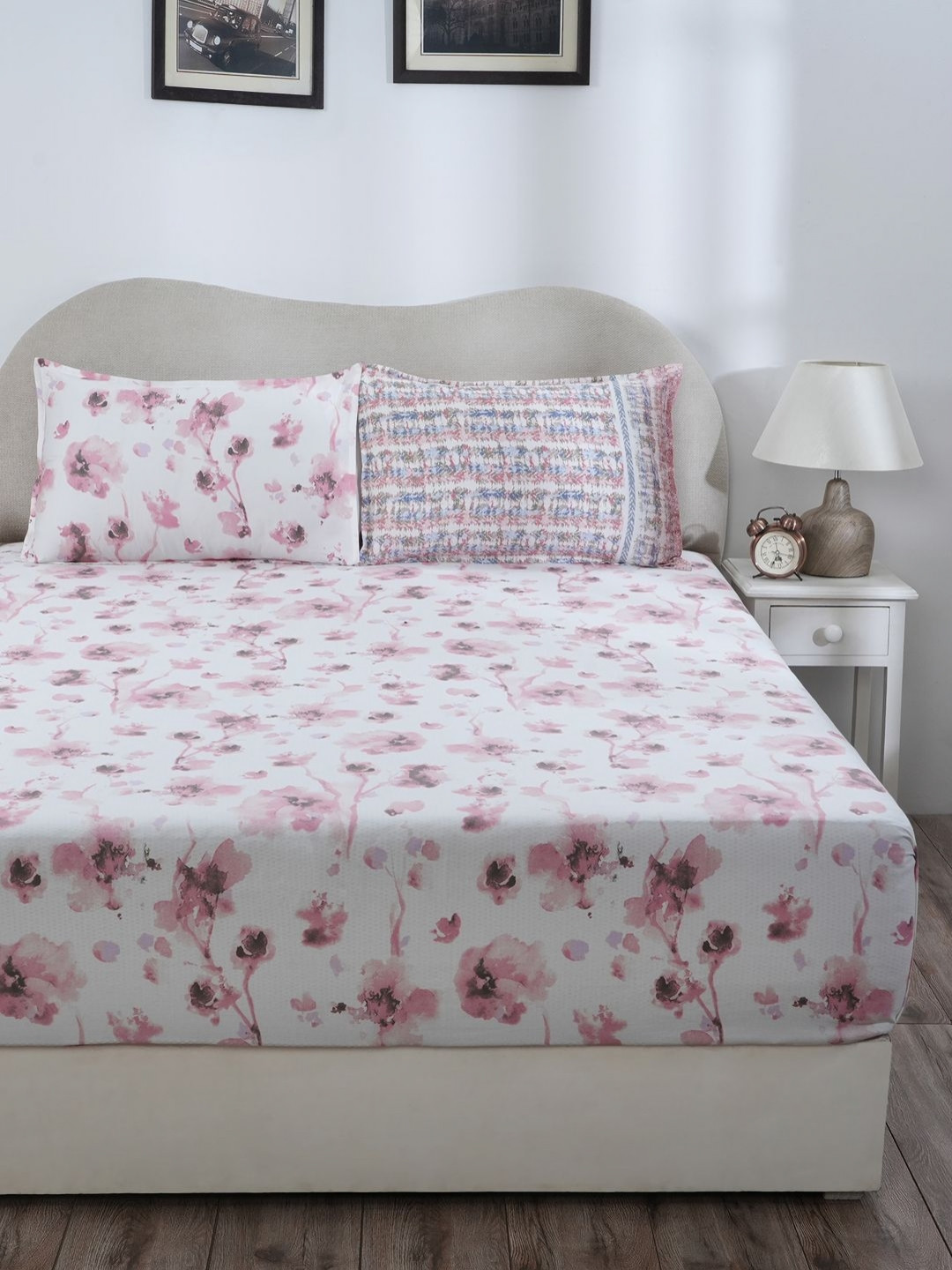 

MASPAR Eclectic Garden Pink Floral 300TC Fitted Pure Cotton Single Bedsheet & Pillow Cover
