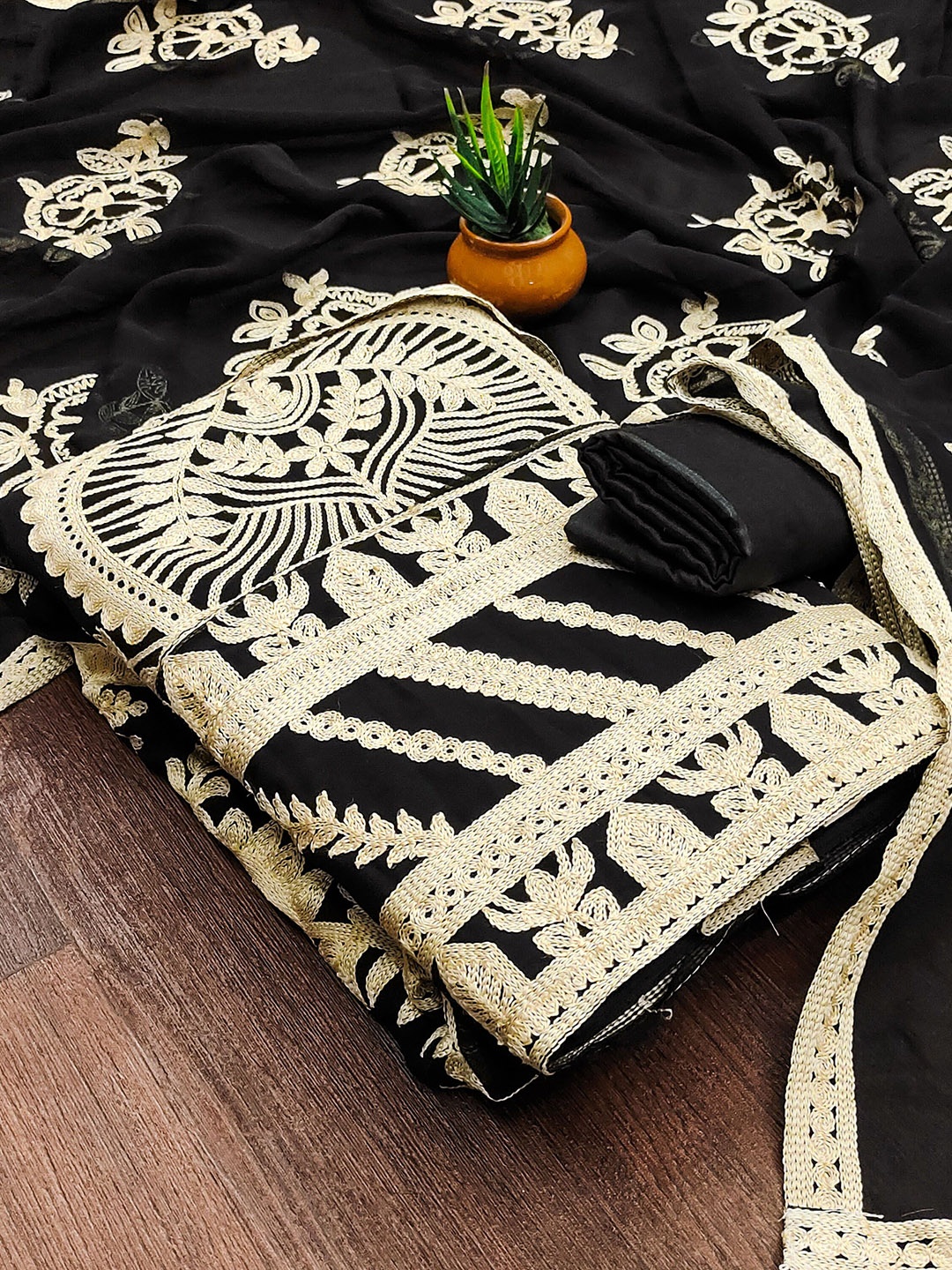 

MANVAA Floral Embroidered Unstitched Dress Material, Black