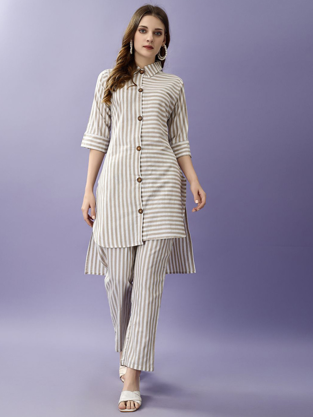 

WILNERCROWN Striped Cotton Tunic With Trousers, Brown