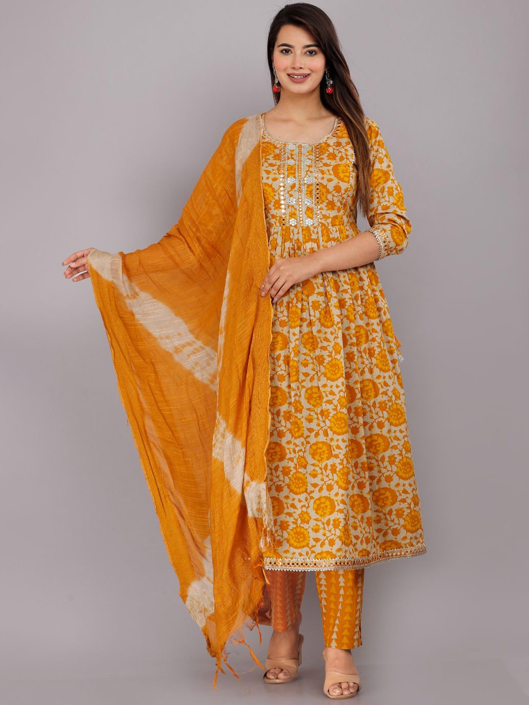 

JC4U Ethnic Motifs Printed Pure Cotton Kurta With Trousers & Dupatta, Mustard