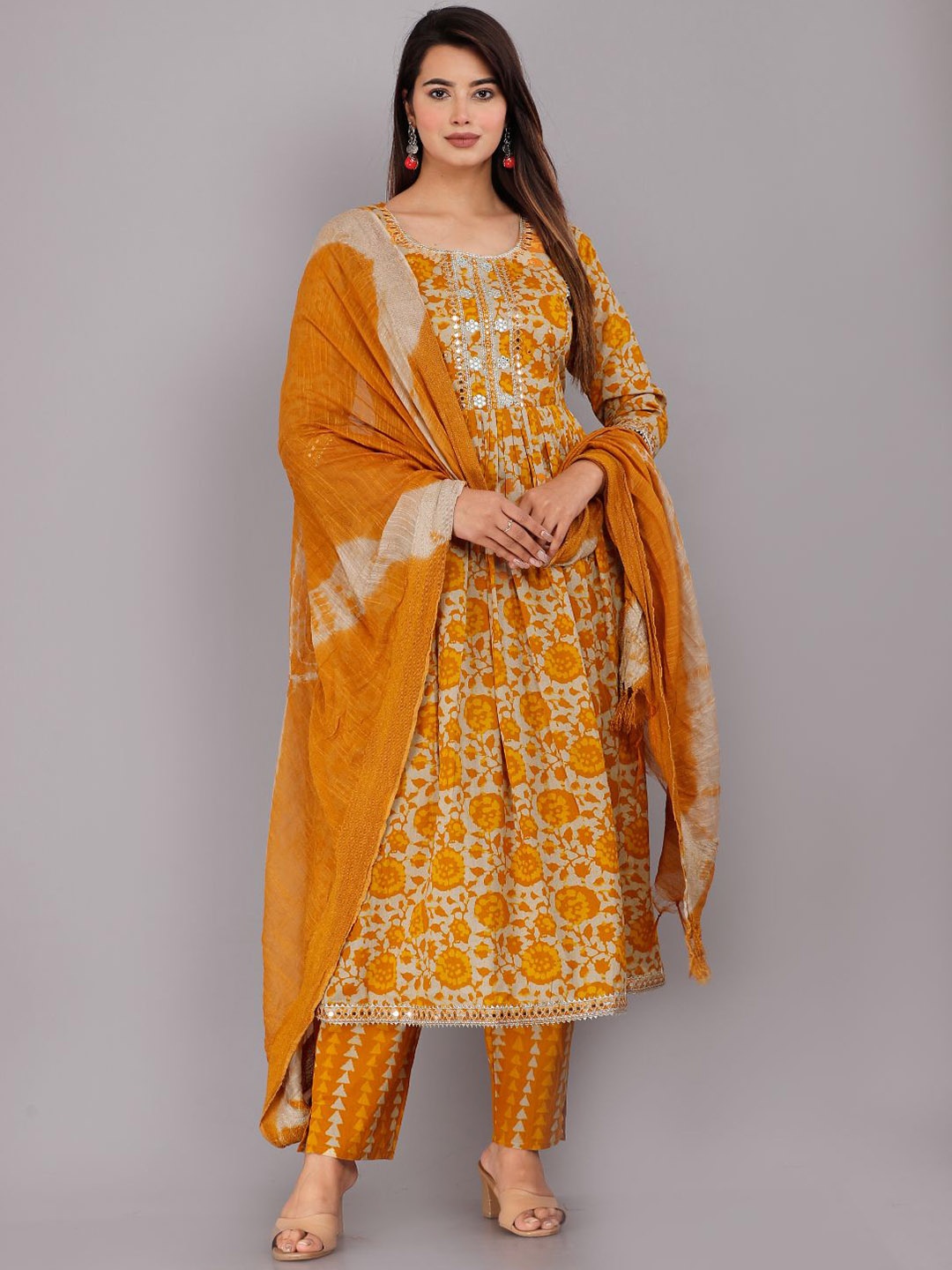 

HIGHLIGHT FASHION EXPORT Regular Pure Cotton A-Line Kurta with Trousers & Dupatta, Mustard