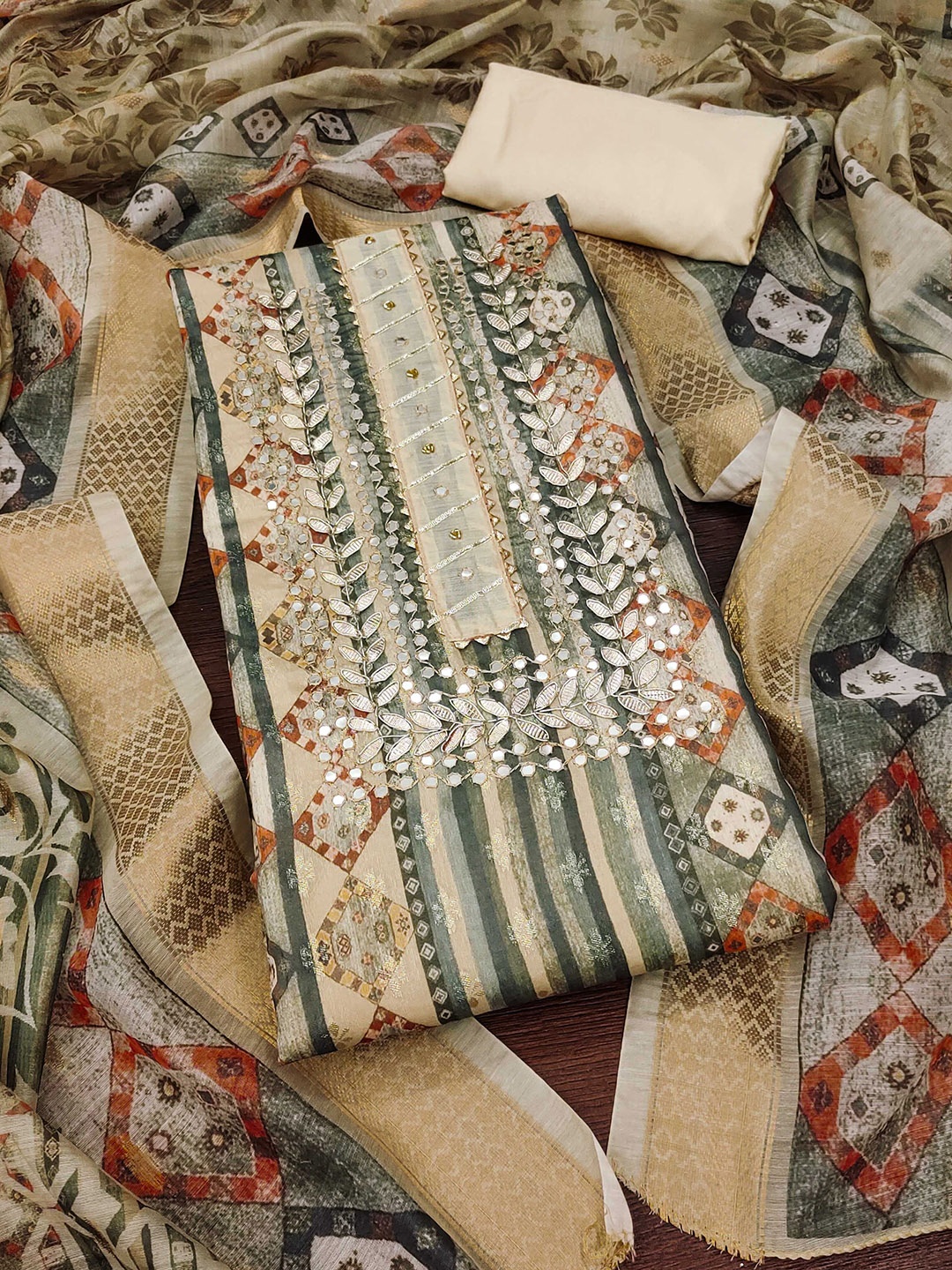 

MANVAA Ethnic Motifs Printed Mirror Work Unstitched Dress Material, Beige
