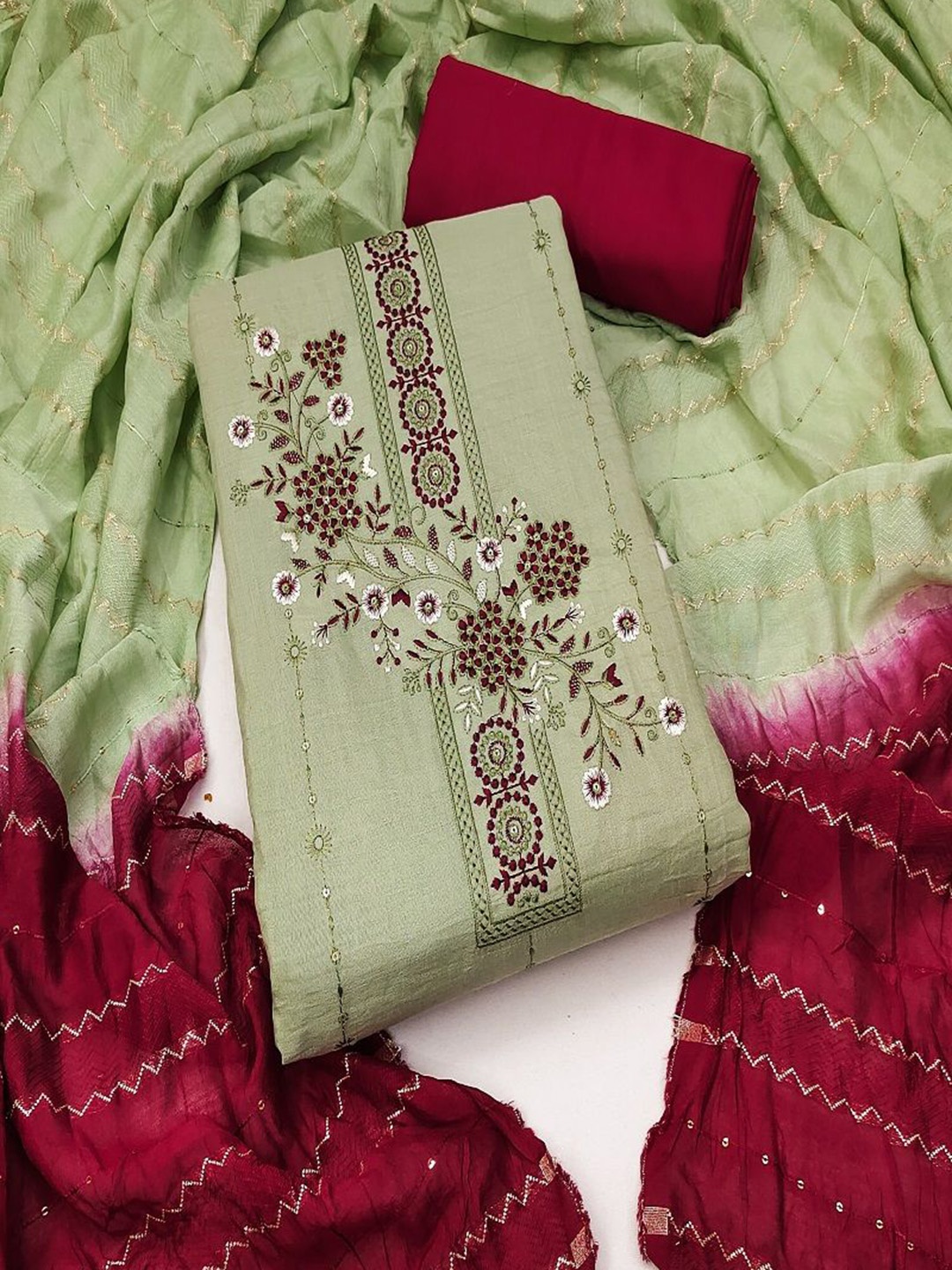 

KRITVA FASHION Floral Embroidered Semi-Stitched Dress Material, Green