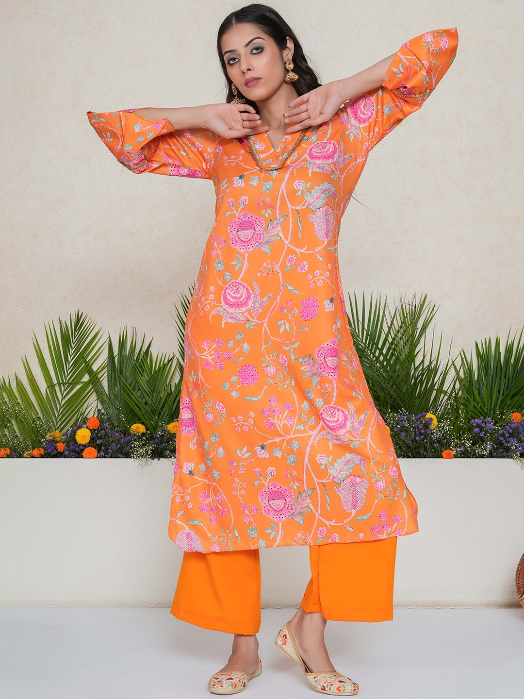 

Salvia Sky Floral Printed V-Neck A-Line Kurta With Palazzos, Orange