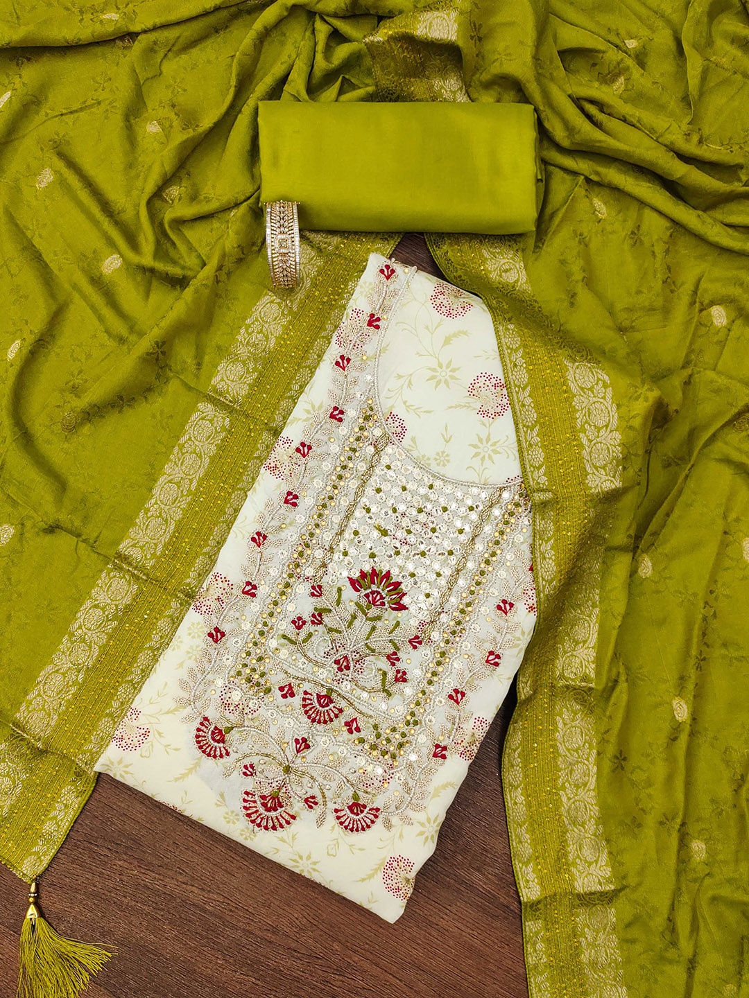 

MANVAA Floral Embroidered Beads and Stones Unstitched Dress Material, Off white
