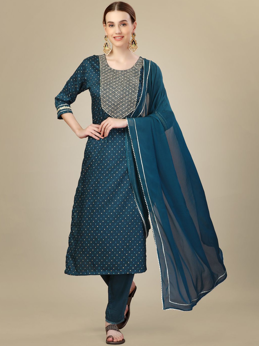 

WILNERCROWN Floral Embroidered Round Neck Sequinned Kurta With Trousers & Dupatta, Teal