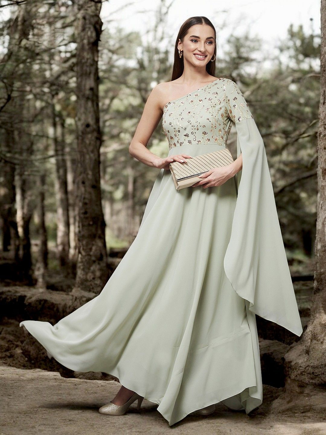 

DressBerry Solid Embellished Asymmetric Maxi Dress, Green