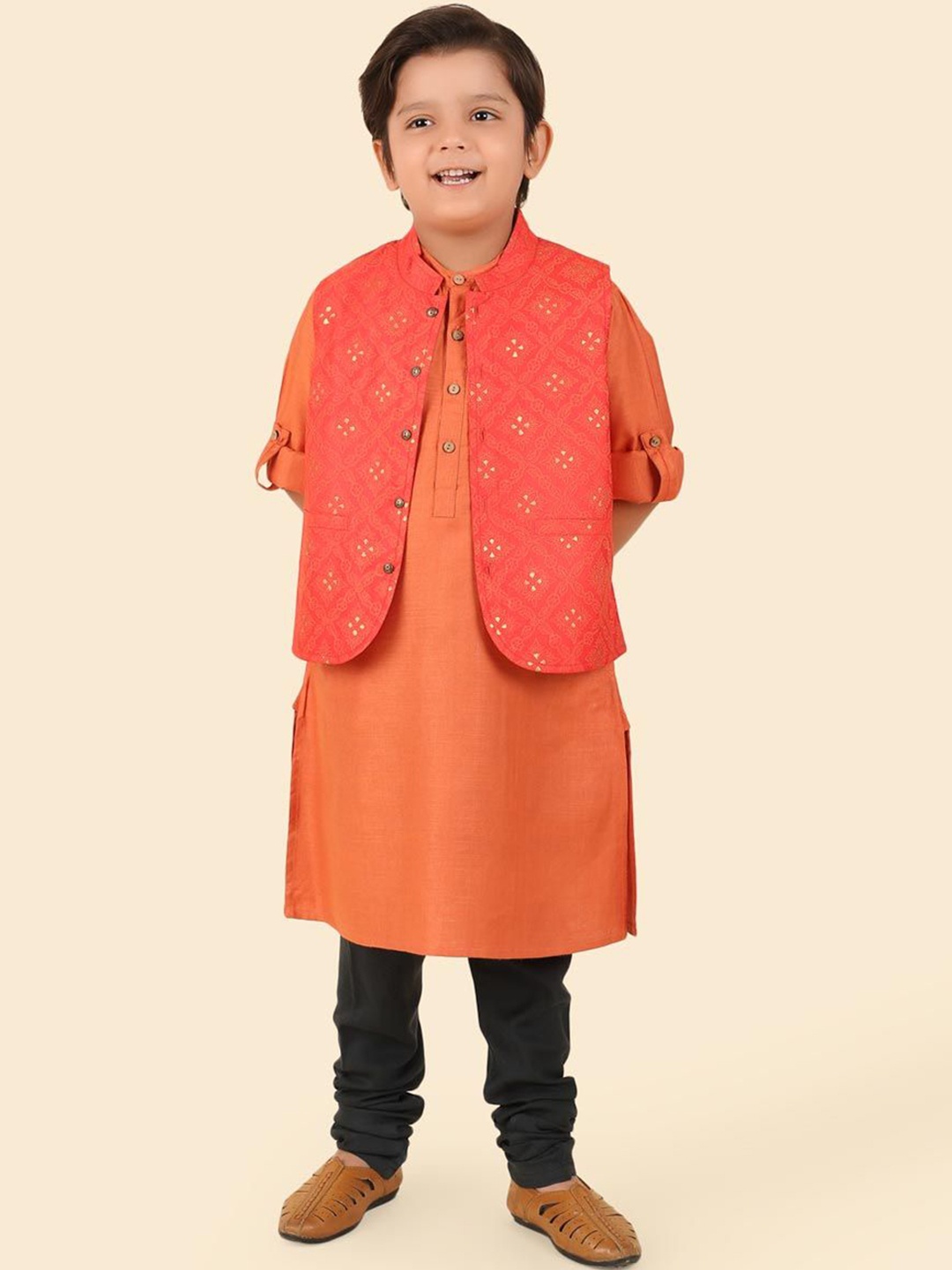 

Fabindia Boys Straight Kurta with Churidar, Rust