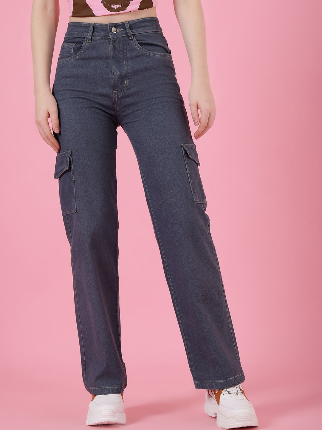 

4WRD by Dressberry Women Classic High-Rise Cargo Jeans, Grey