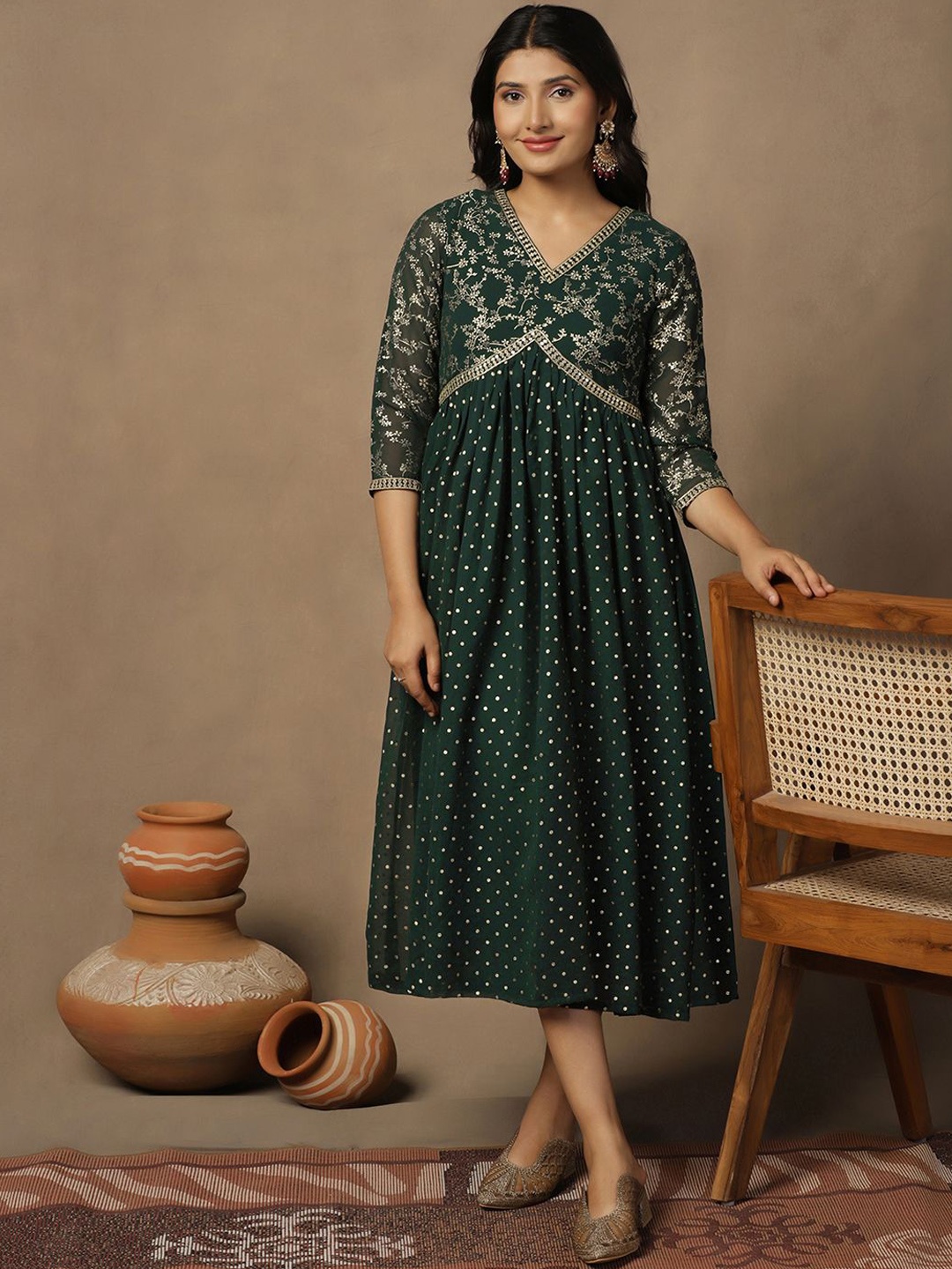 

FASHION DREAM Polka Dots Printed V-Neck Fit & Flare Gathered Georgette Midi Ethnic Dress, Green