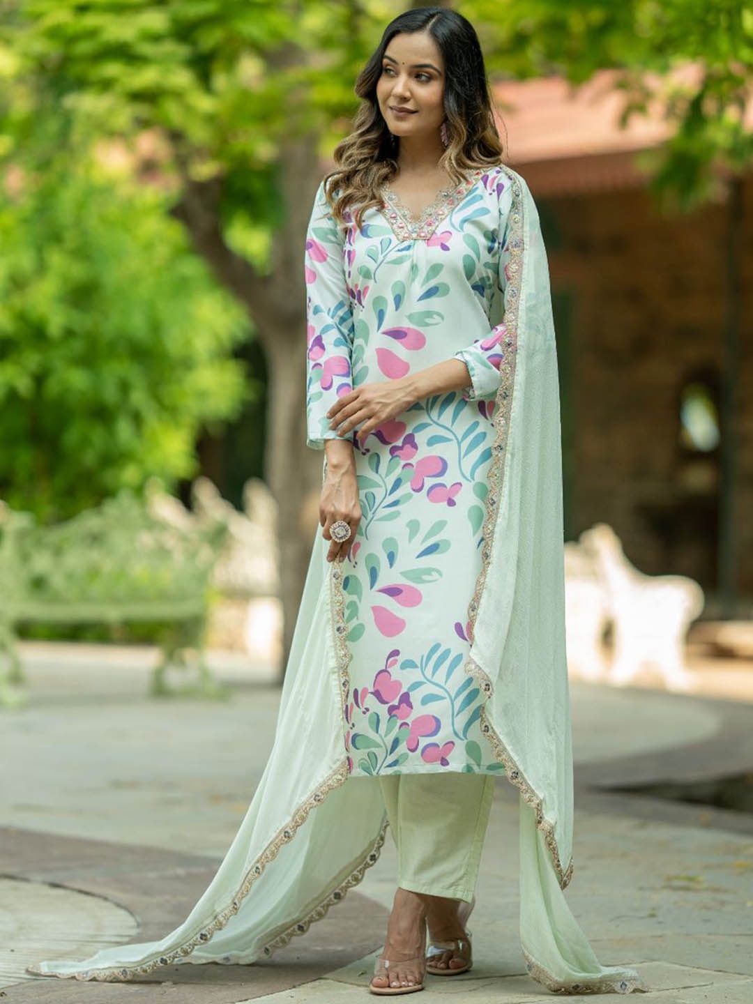 

Kiana Ethnic Motifs Printed Mirror Work Pure Cotton Straight Kurta With Trousers & Dupatta, Green