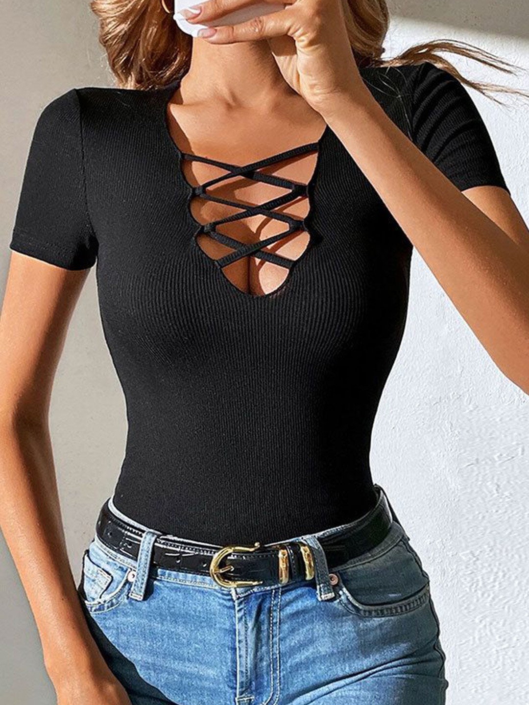 

StyleCast Women Solid V-Neck Top, Black