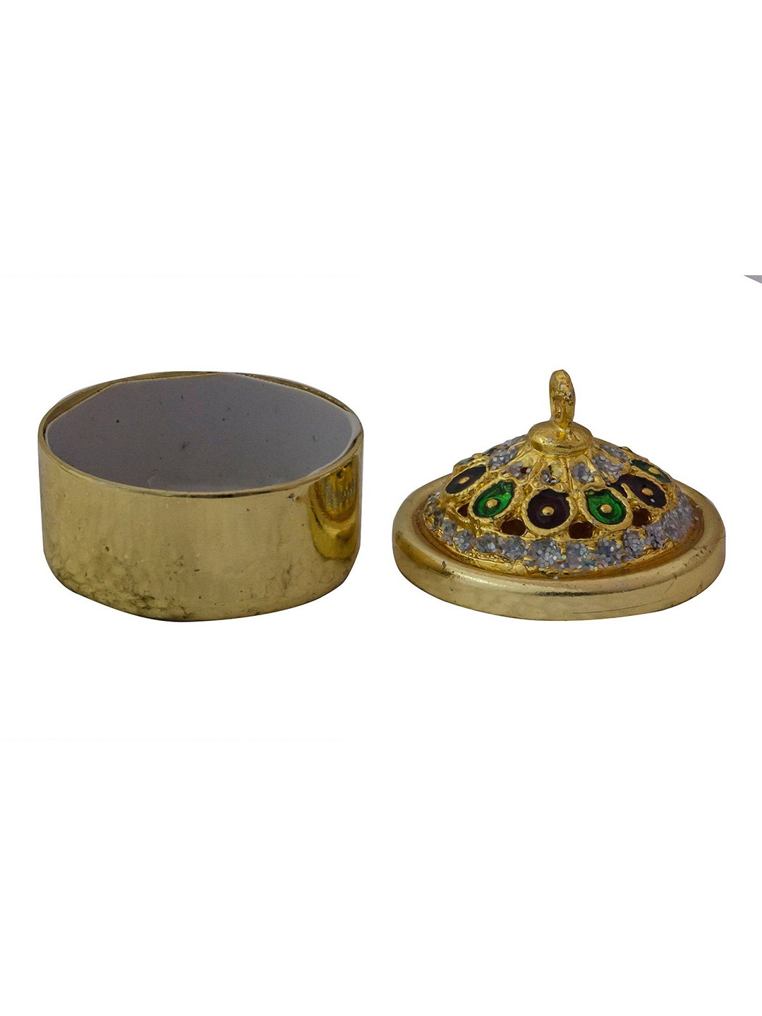 

Exotic India Decorated Kumkum Box in Brass, Green