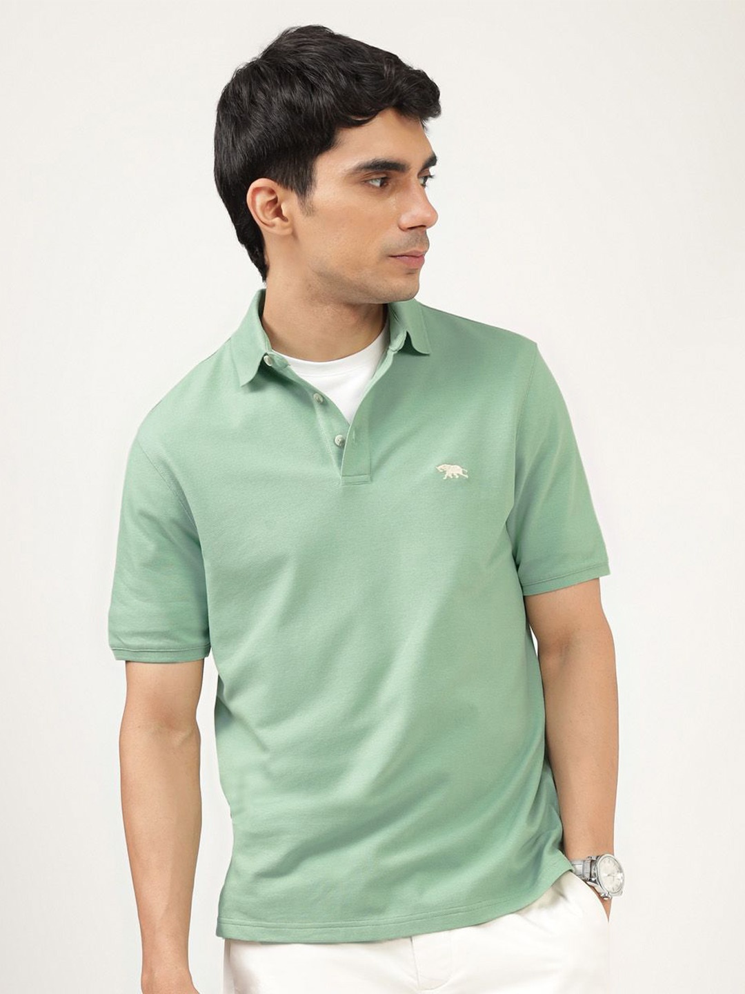 

Andamen Men Solid Polo Collar Cotton T-Shirt, Green