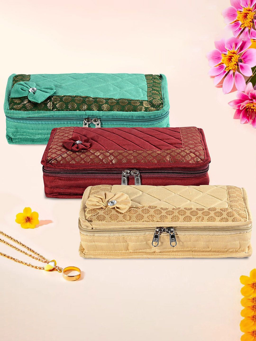 

Kuber Industries Maroon & Green 3 Pieces Jewellery Organisers, Gold