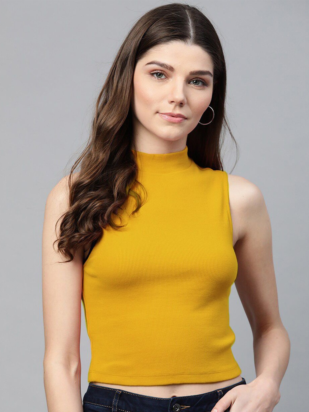 

Nalax Designs Women Solid High Neck Top, Mustard