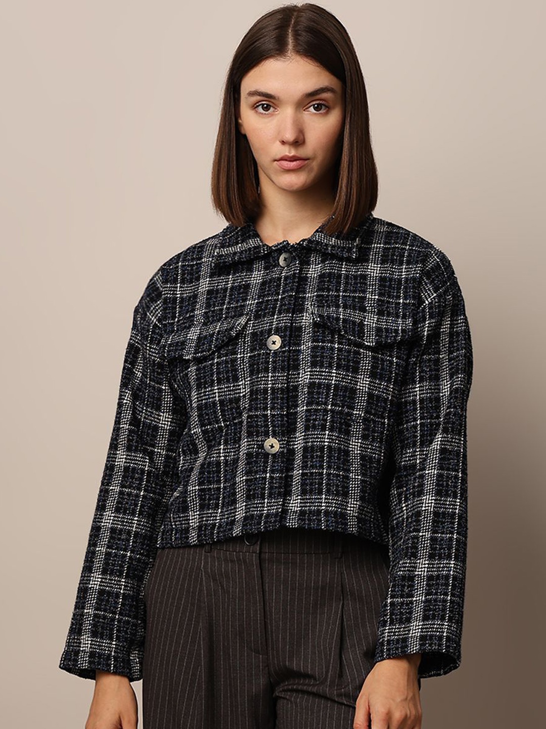 

ONLY Women Checked Crop Tailored Jacket, Black