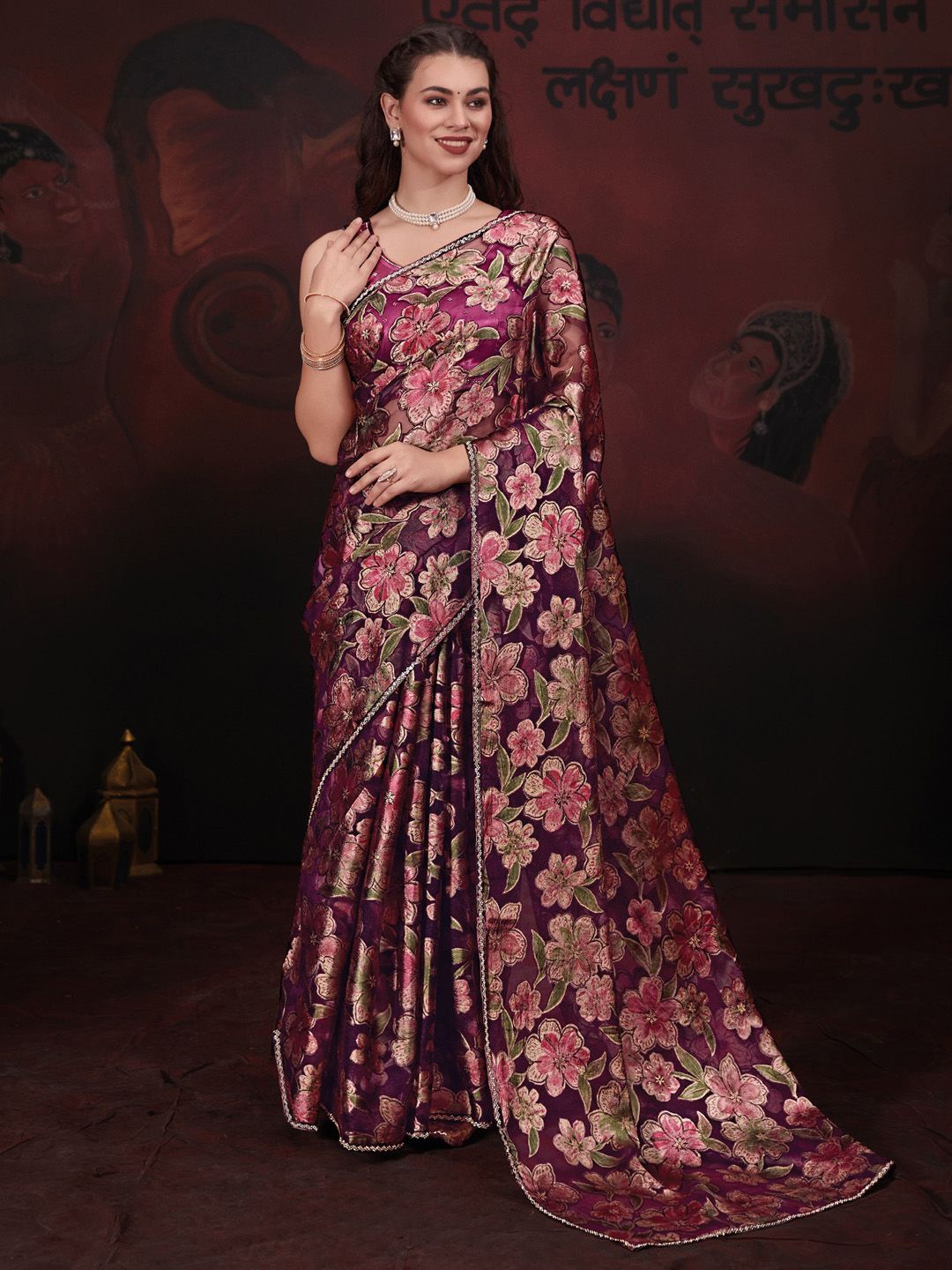 

Anouk Floral Beads and Stones Embellished Party Saree, Magenta