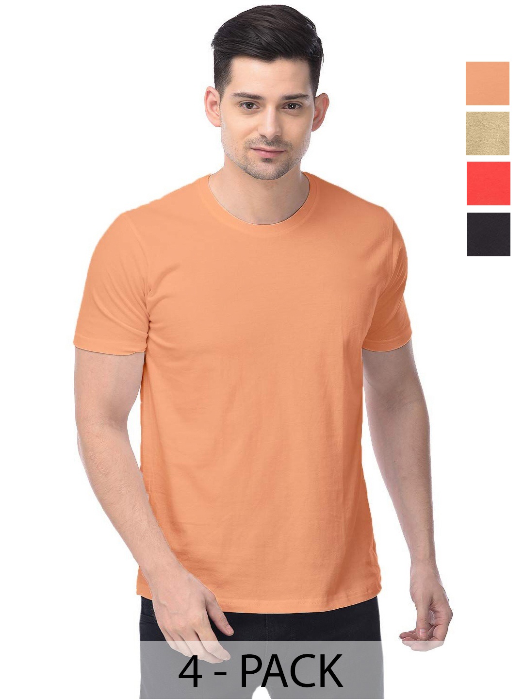 

COLOR CAPITAL Unisex Pack Of 4 Solid Round Neck Cotton T-shirts, Orange