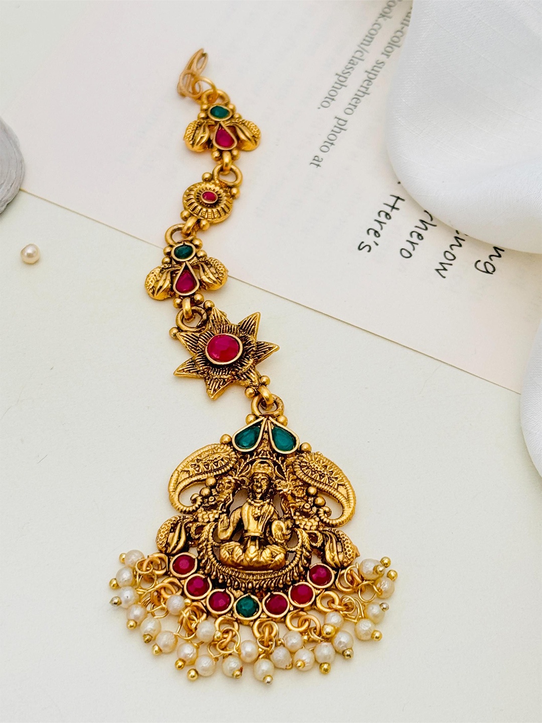 

ABDESIGNS Gold-Plated Stones Studded & Beaded Temple Maang Tikka