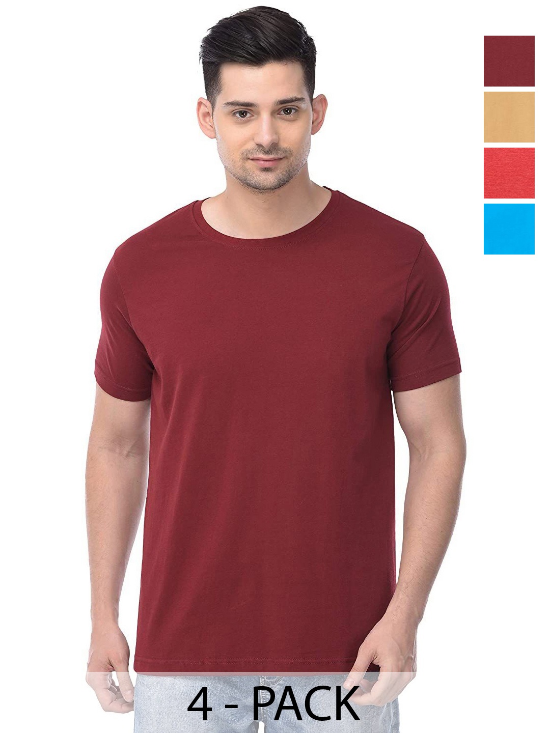 

COLOR CAPITAL Unisex Pack Of 4 Solid Round Neck Cotton T-shirts, Maroon
