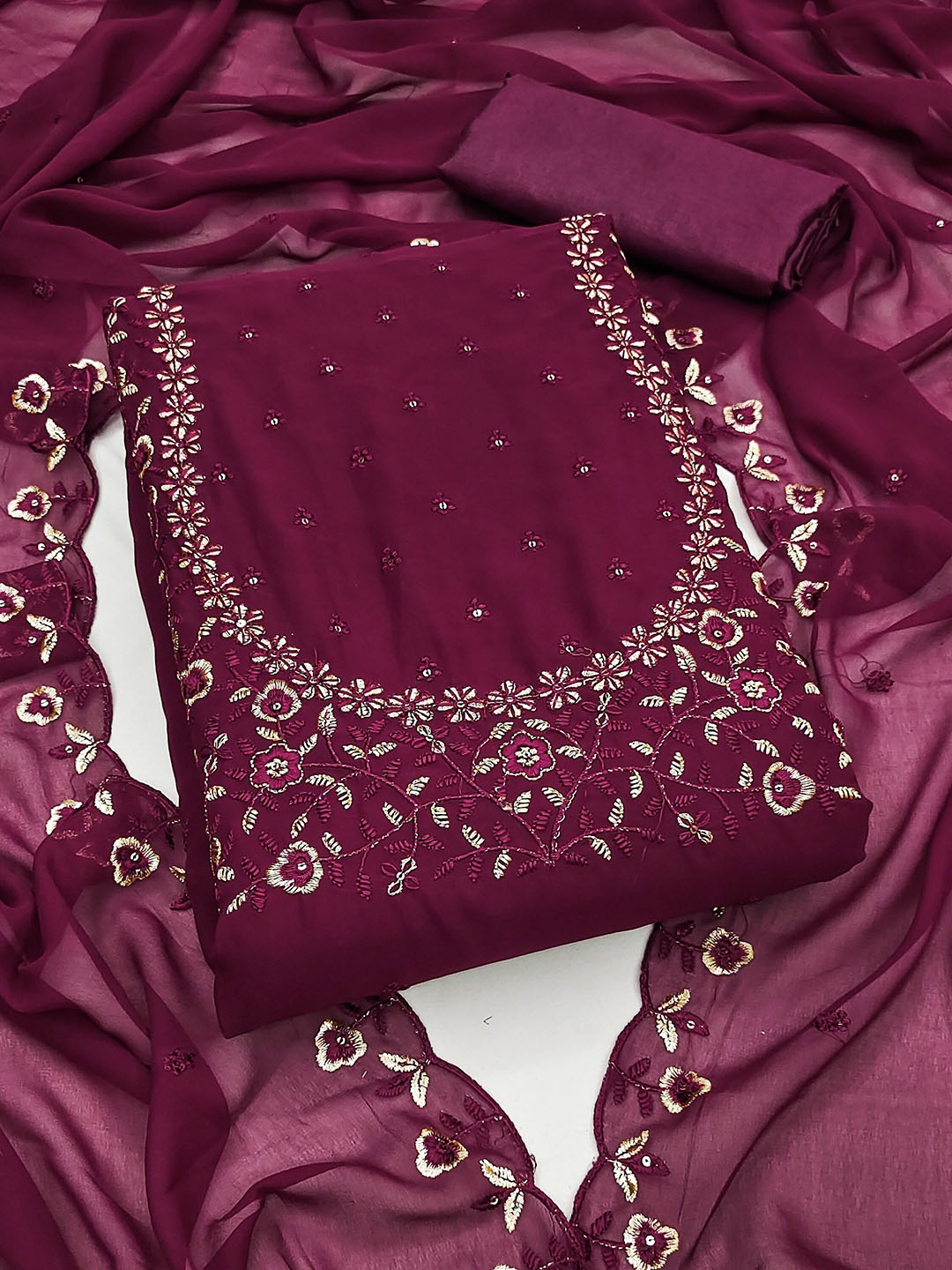 

MANVAA Embellished Beads & Stones Unstitched Dress Material, Magenta