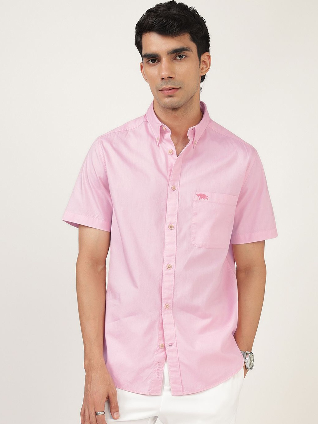 

Andamen Men Premium Button-Down Collar Solid Cotton Casual Shirt, Pink