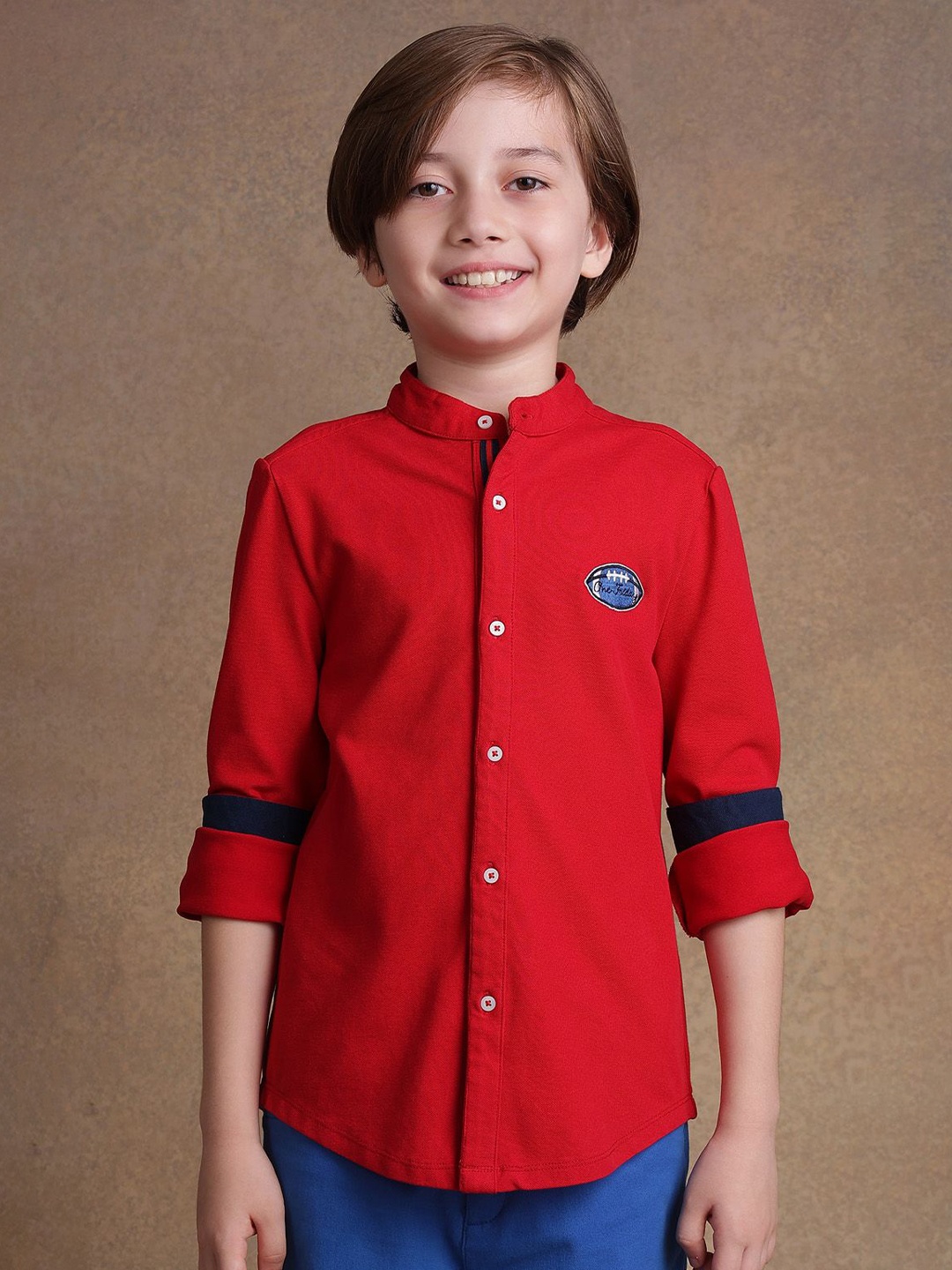 

One Friday Boys Comfort Band Collar Solid Cotton Formal Shirt, Red