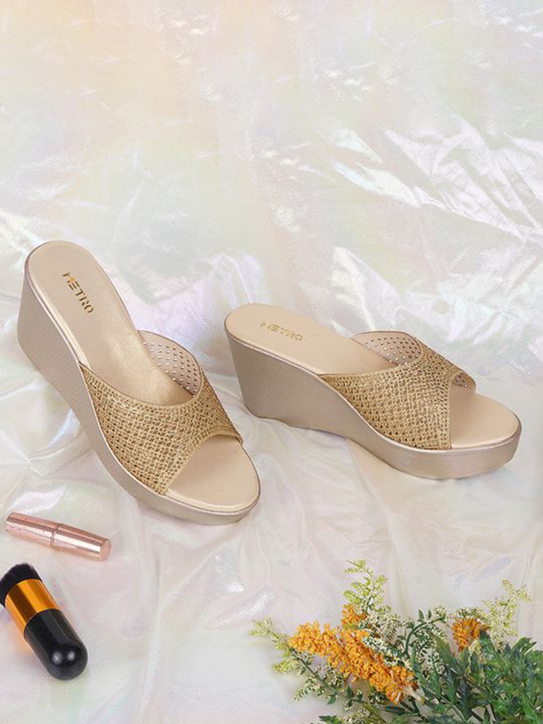 

Metro Embellished Wedges Mules, Gold