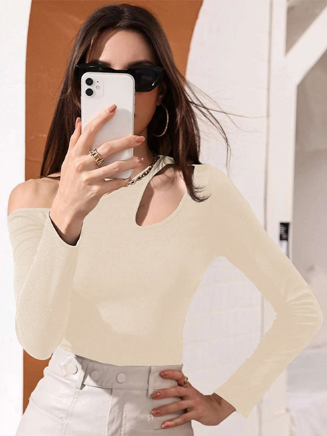 

StyleCast Women Solid One Shoulder Top, Beige
