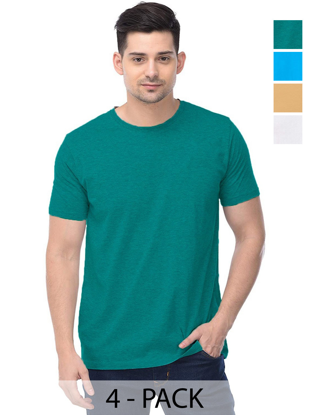 

COLOR CAPITAL Unisex Pack Of 4 Solid Round Neck Cotton T-shirts, Teal