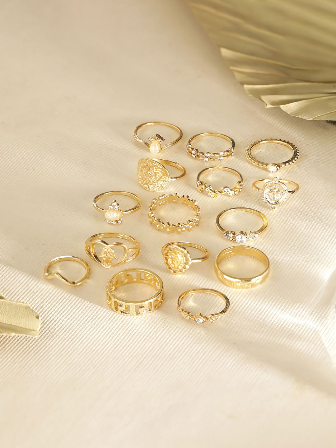 

Priyaasi Set Of 15 Gold Plated Stone-Studded Adjustable Finger Rings