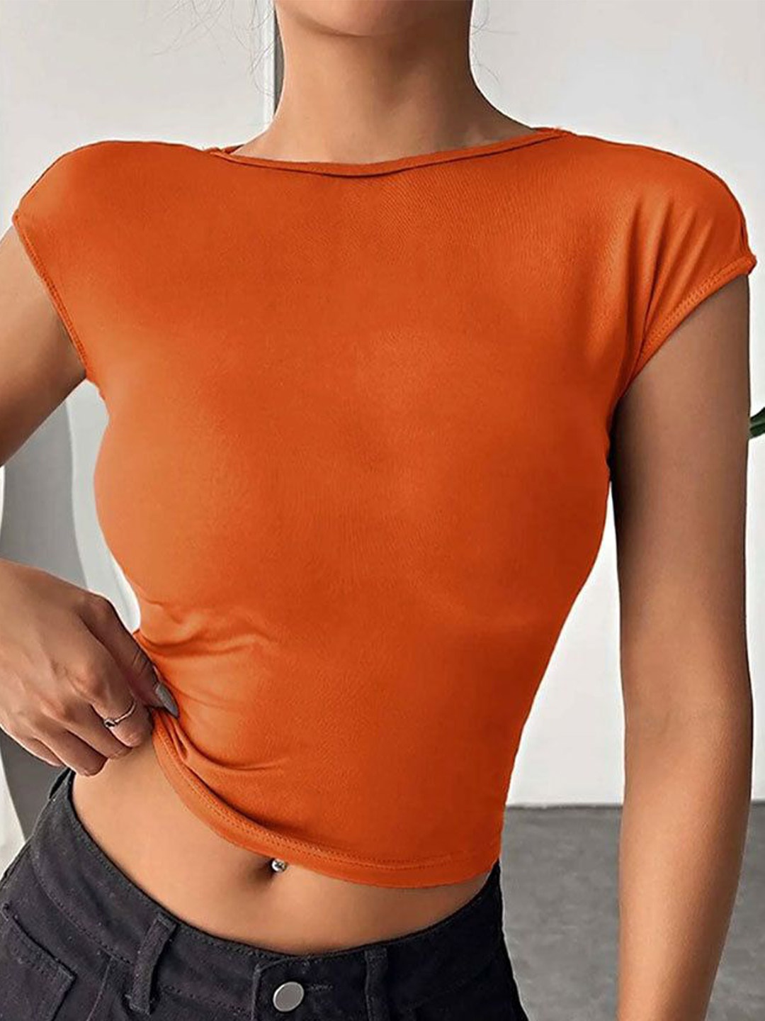 

StyleCast Women Solid Round Neck Cotton Top, Orange