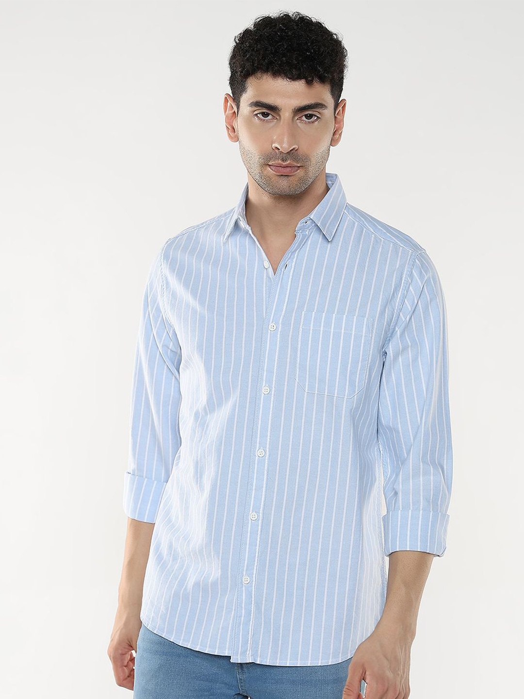 

R&B Men Spread Collar Striped Cotton Casual Shirt, Blue