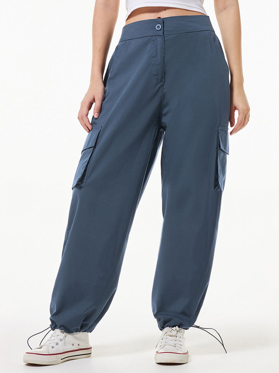 

Bewakoof Women Cotton Oversized Mid-rise Cargos Trousers, Blue