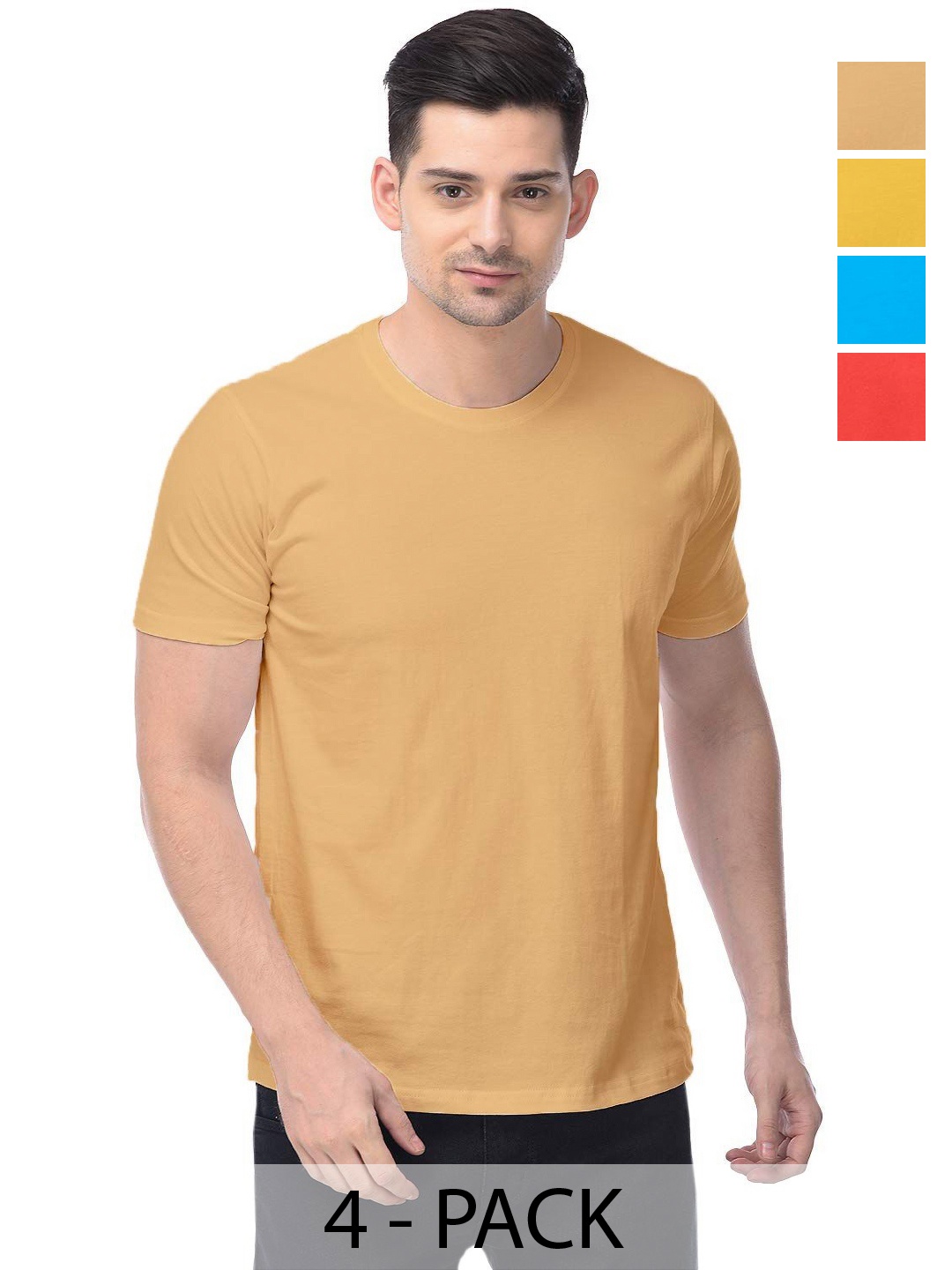 

COLOR CAPITAL Unisex Pack Of 4 Solid Round Neck Cotton T-shirts, Mustard