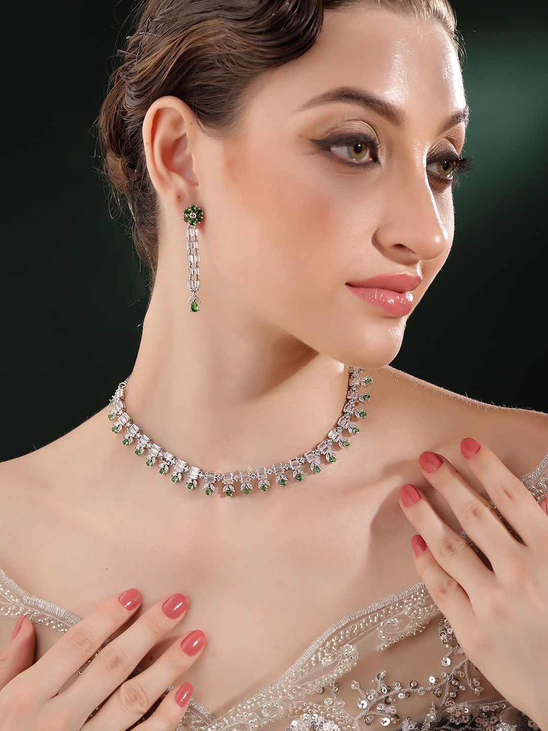 

Priyaasi Silver-Plated American Diamond Studded Jewellery Set