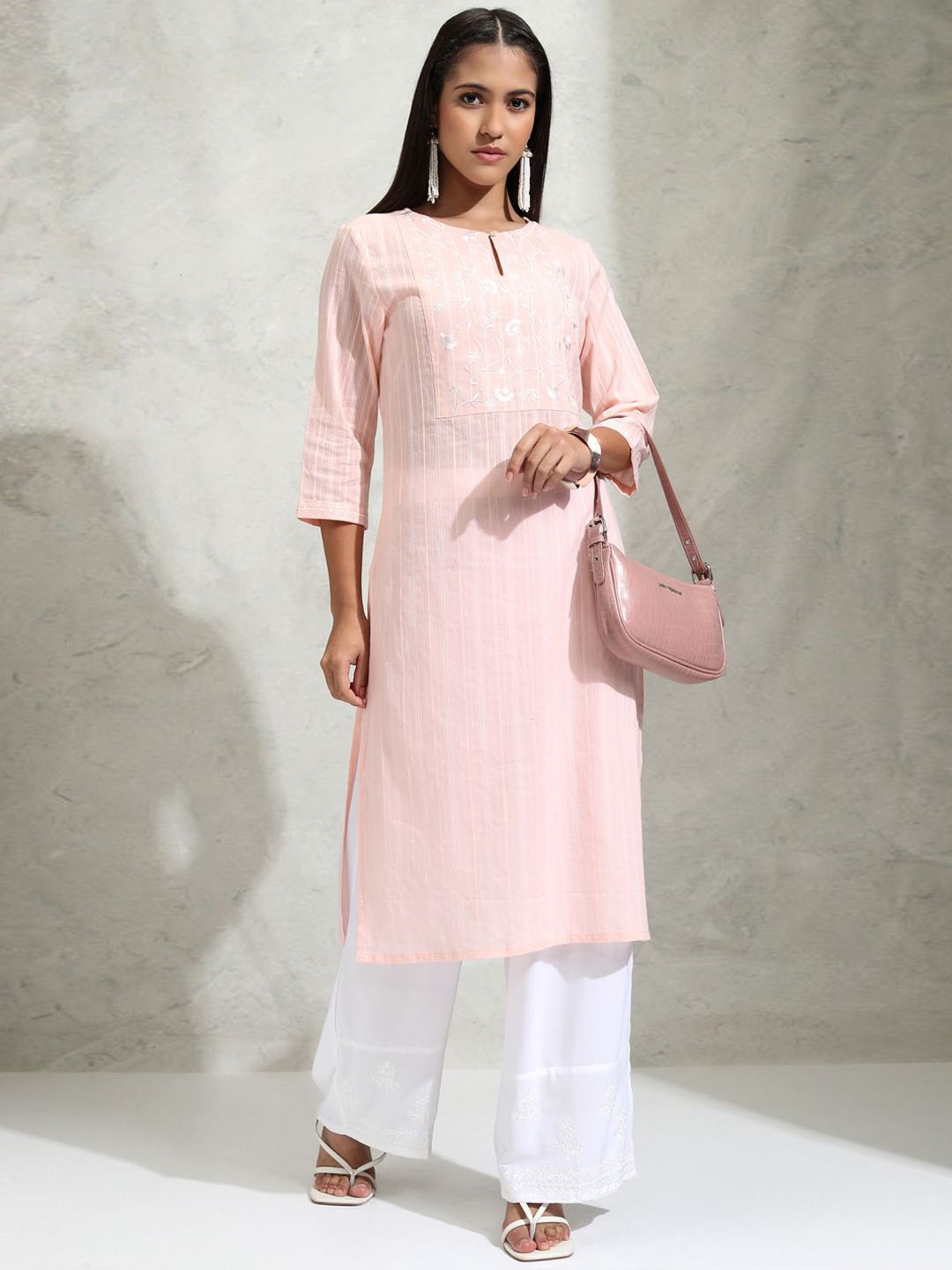 

Vishudh Pink Floral Yoke Design Embroidered Keyhole Neck Thread Work Straight Kurta