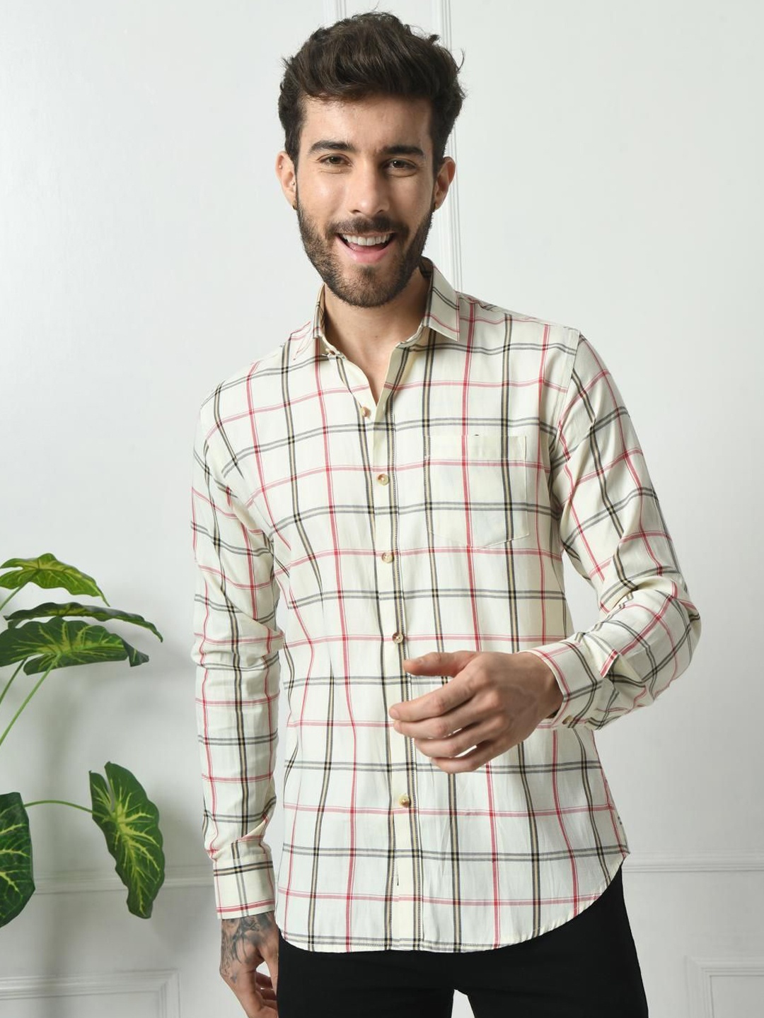 

PEBCO Men Classic Spread Collar Tartan Checked Cotton Slim Fit Casual Shirt, White
