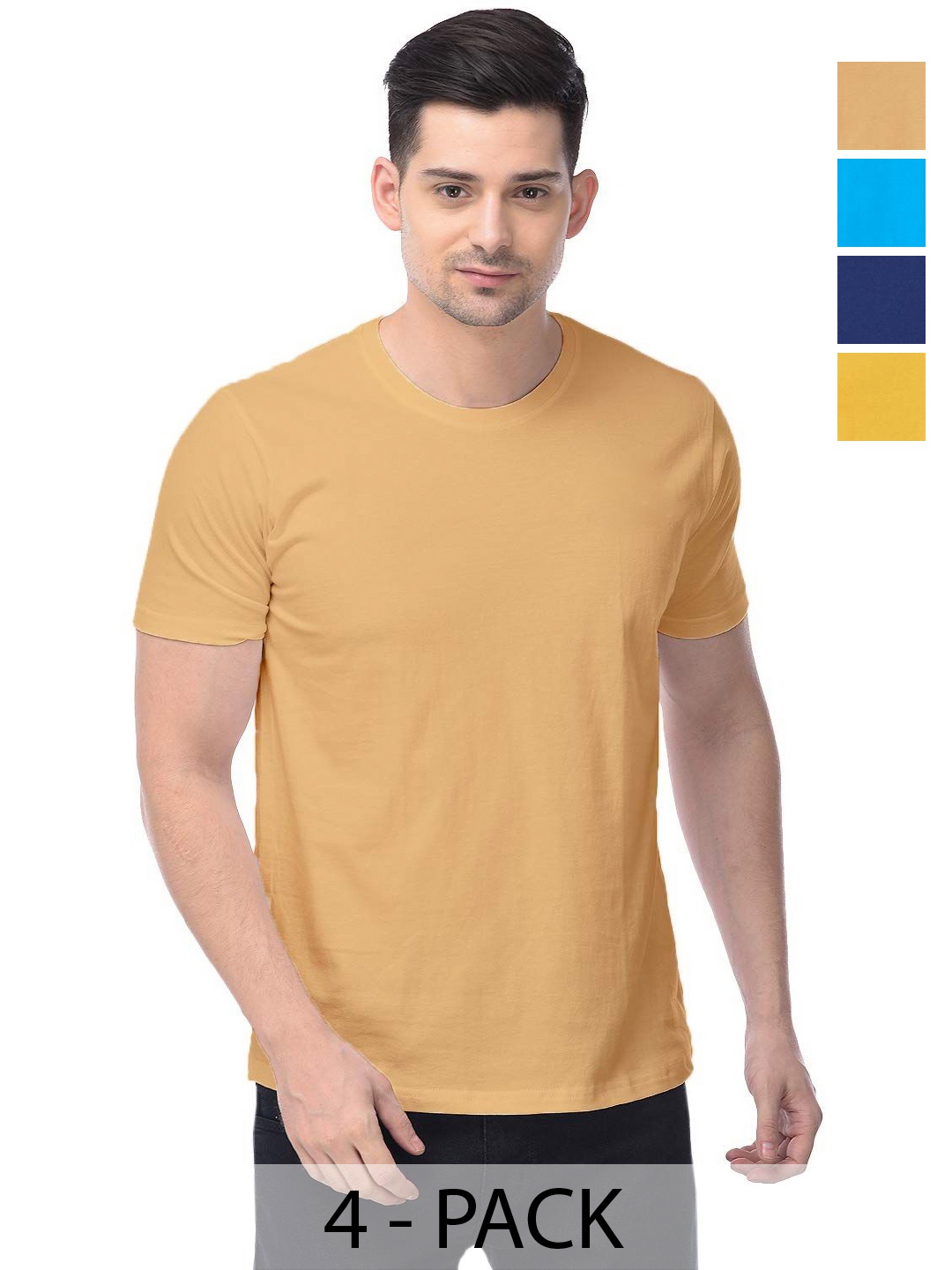 

COLOR CAPITAL Unisex Pack Of 4 Solid Round Neck Cotton T-shirts, Mustard