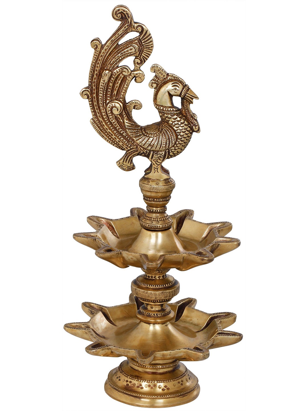 

Exotic India 14" Brass Double Layer Wicks Peacock Lamp, Gold