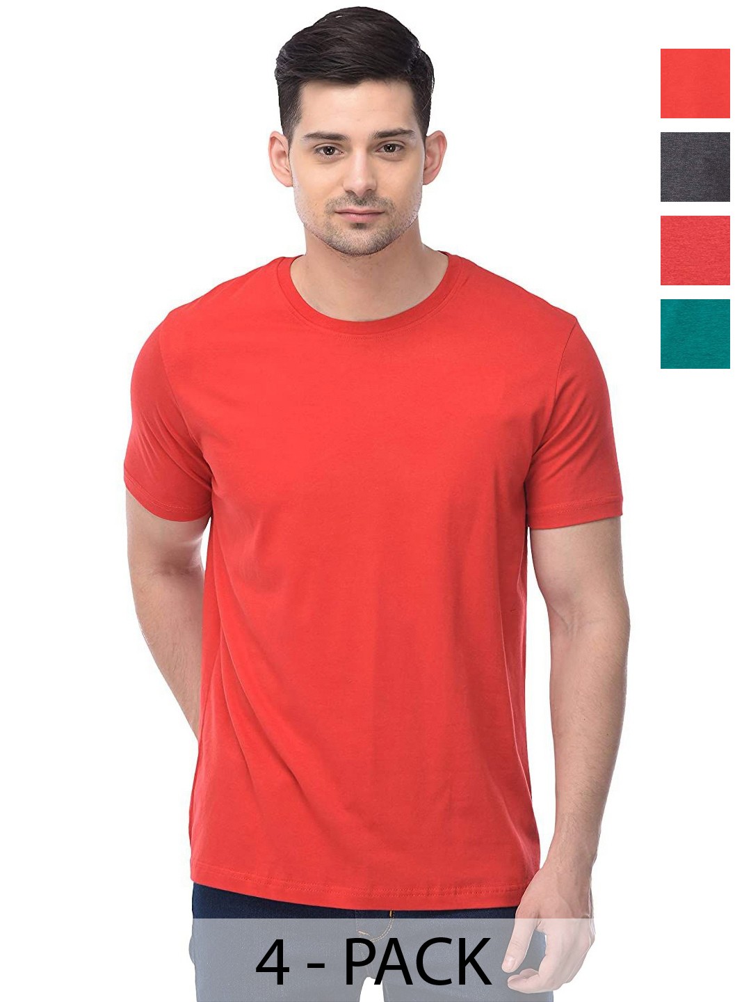 

COLOR CAPITAL Unisex Pack Of 4 Solid Round Neck Cotton T-shirts, Red