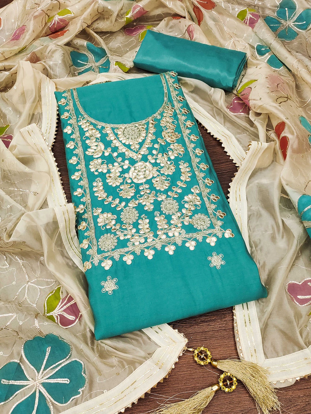 

MANVAA Floral Embellished Unstitched Dress Material, Teal