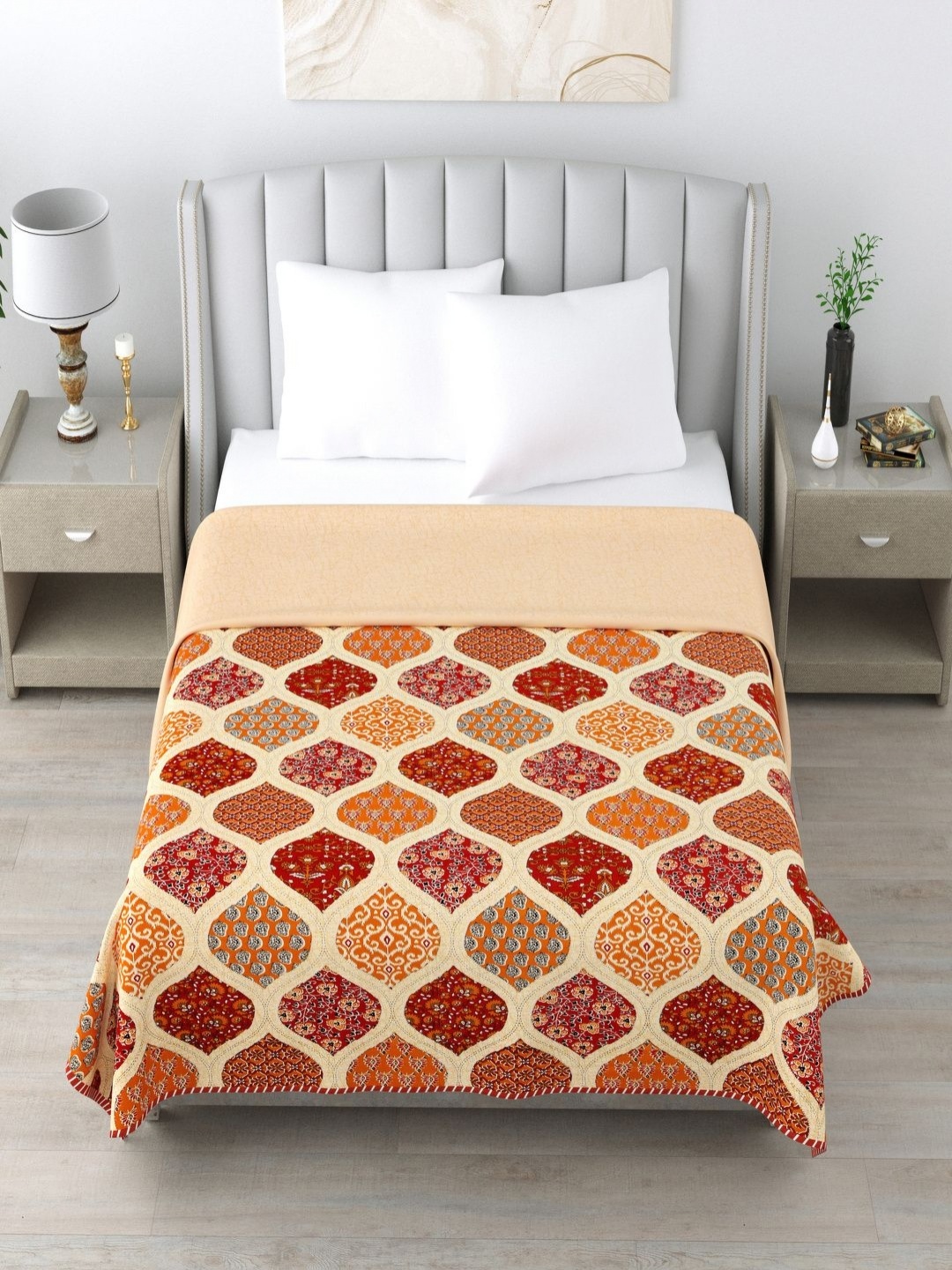 

Qfab Orange Floral Printed Cotton AC Room 150 GSM Single Bed Dohar