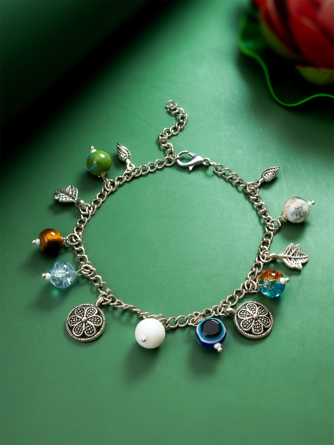 

aadita Silver Glass Pearl Evil Eye Charm Bracelet