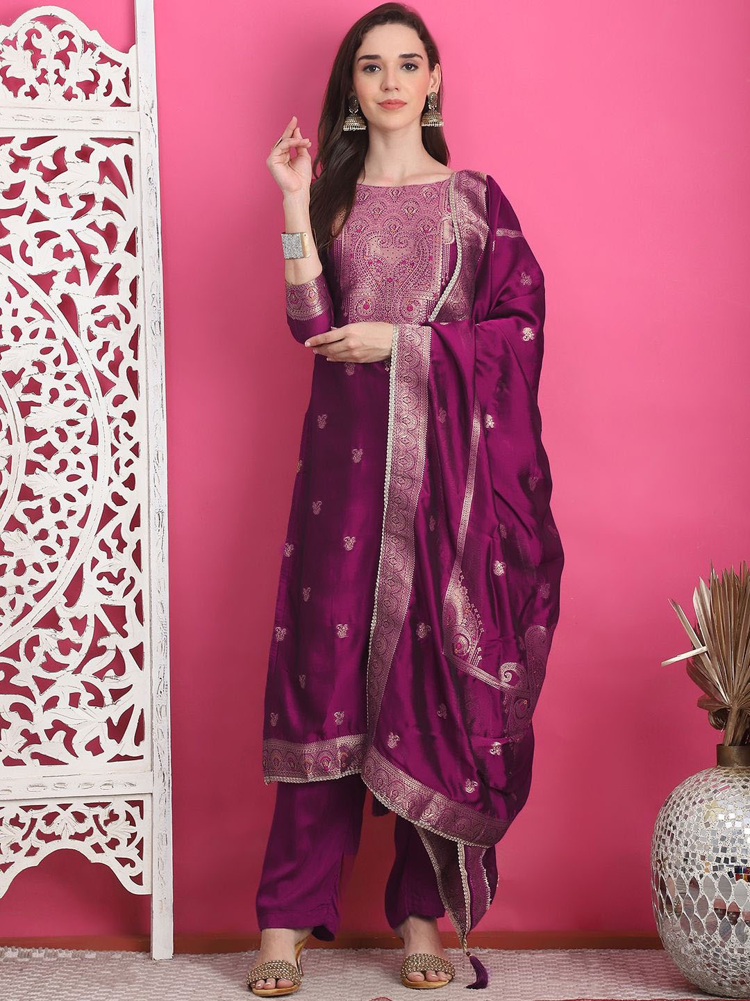 

Stylee LIFESTYLE Ethnic Motifs Woven Design Zari Silk Jacquard Unstitched Dress Material, Burgundy