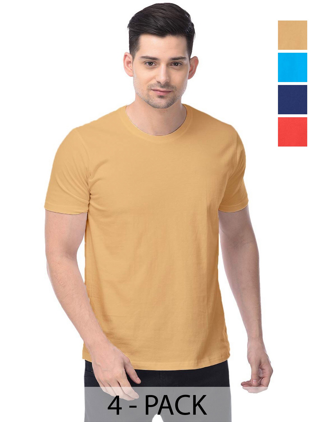 

COLOR CAPITAL Unisex Pack Of 4 Solid Round Neck Cotton T-shirts, Mustard